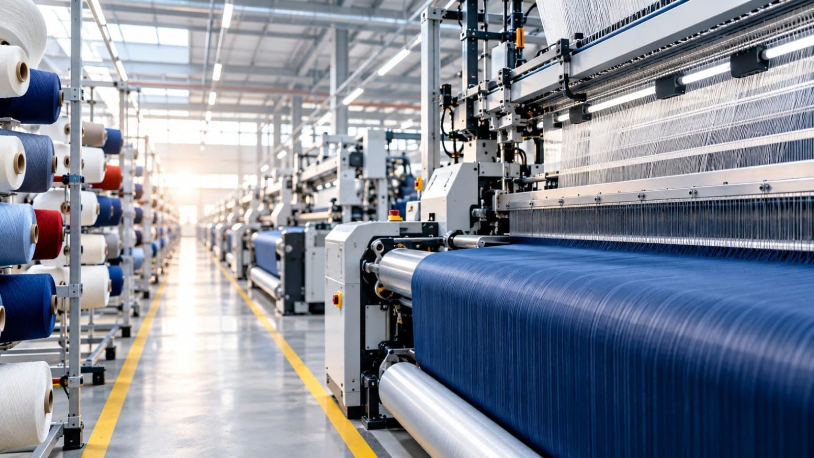 Dokuma fabrikasında mavi kumaş dokuyan makineler ve iplik bobinleri