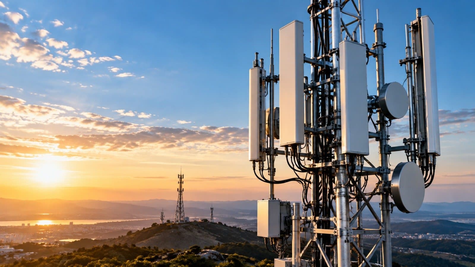 Gün batımında panel antenler ve mikrodalga çanaklarıyla baz istasyonu kulesi